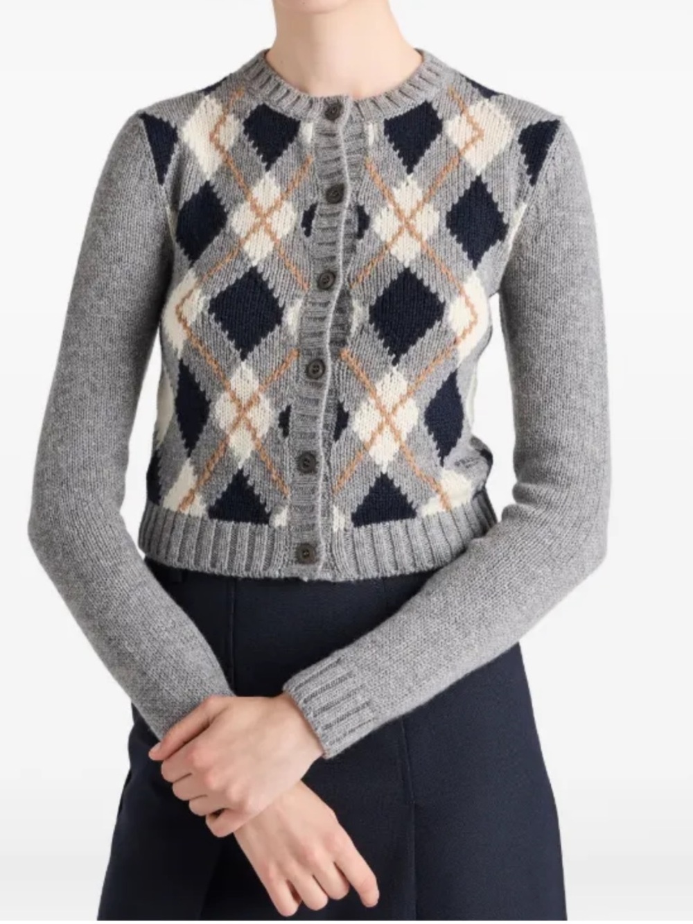 Prada Cashmere Grey Argyle Button-Up Cropped Sweater